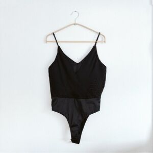Zara Bodysuit V-Neck and Back Pleated Draped Black Top - Size Small
